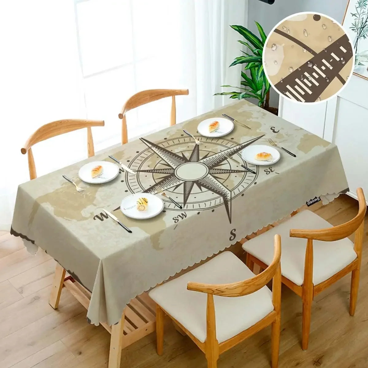 Maritime Tischdecke mit Kompass & Weltkarte – wasserabweisend, waschbar, 9 Größen