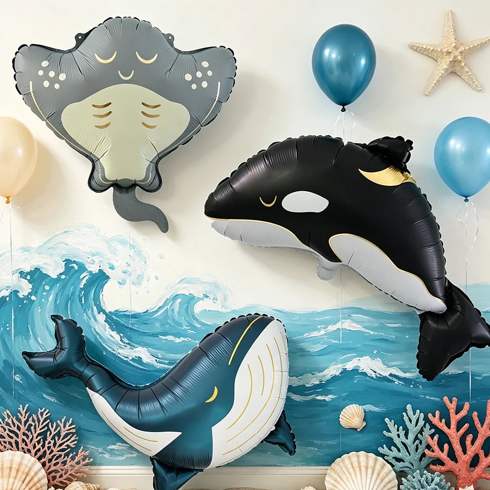 Meerestier-Folienballons 3er-Set – Orca, Blauwal und Teufelsrochen
