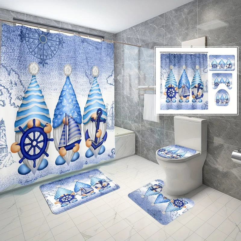 Maritimes Badezimmer-Set 4-teilig – Duschvorhang, Badematte, WC-Deckelbezug und Vorleger