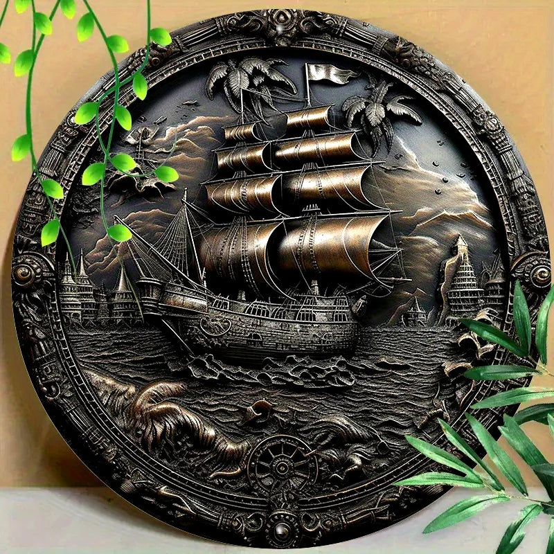 3D Piratenschiff Aluminium-Wandbild rund – 20 oder 30 cm, UV-Druck, wasserdicht
