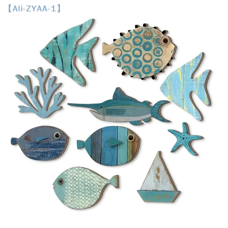 10er Set Holzfische Wanddeko – Maritime Badezimmer & Wohnzimmer Dekoration