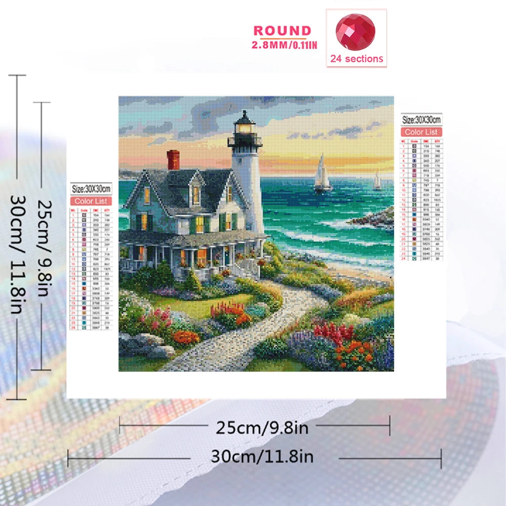 Diamond Painting Set Leuchtturm & Küste – DIY Diamantmalerei mit runden oder eckigen Steinen