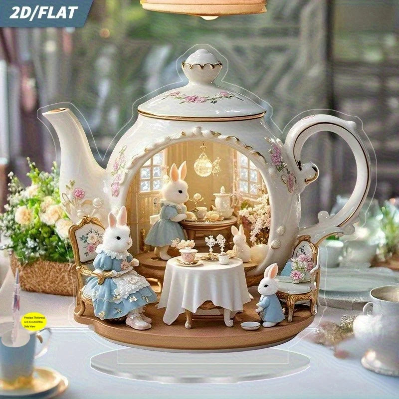 Kaninchenfamilie beim Nachmittagstee – 2D Acryl-Tischdeko, Ostern & Frühling, Zuhause & Büro
