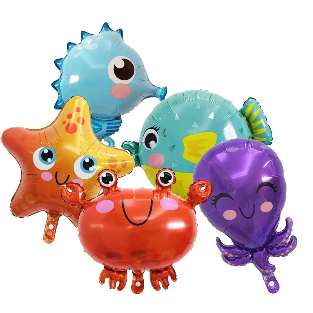 Meerestier-Folienballons 5er-Set – Fisch, Oktopus und Seepferdchen