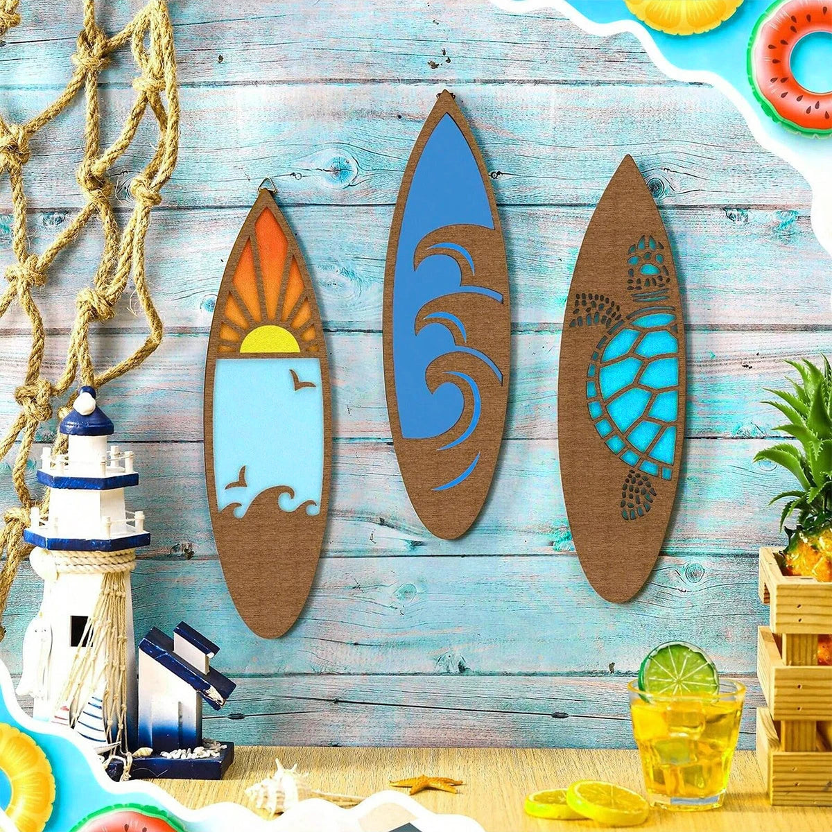 Holz-Wanddeko Surfbrett 3er Set – Hawaii-Stil, Boho, Schlafzimmer & Wohnzimmer