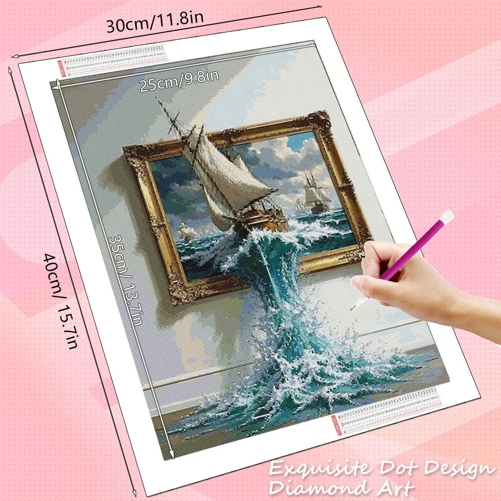 Diamond Painting Segelboot – Landschaft mit Fenster | Mosaikbild zum Selbstgestalten