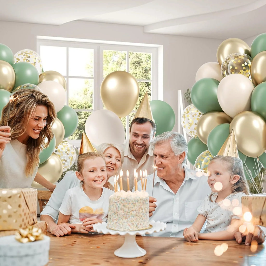 Boho Luftballon-Set 60-teilig – Salbeigrün, Sand, Weiß & Gold | Geburtstag, Hochzeit & mehr