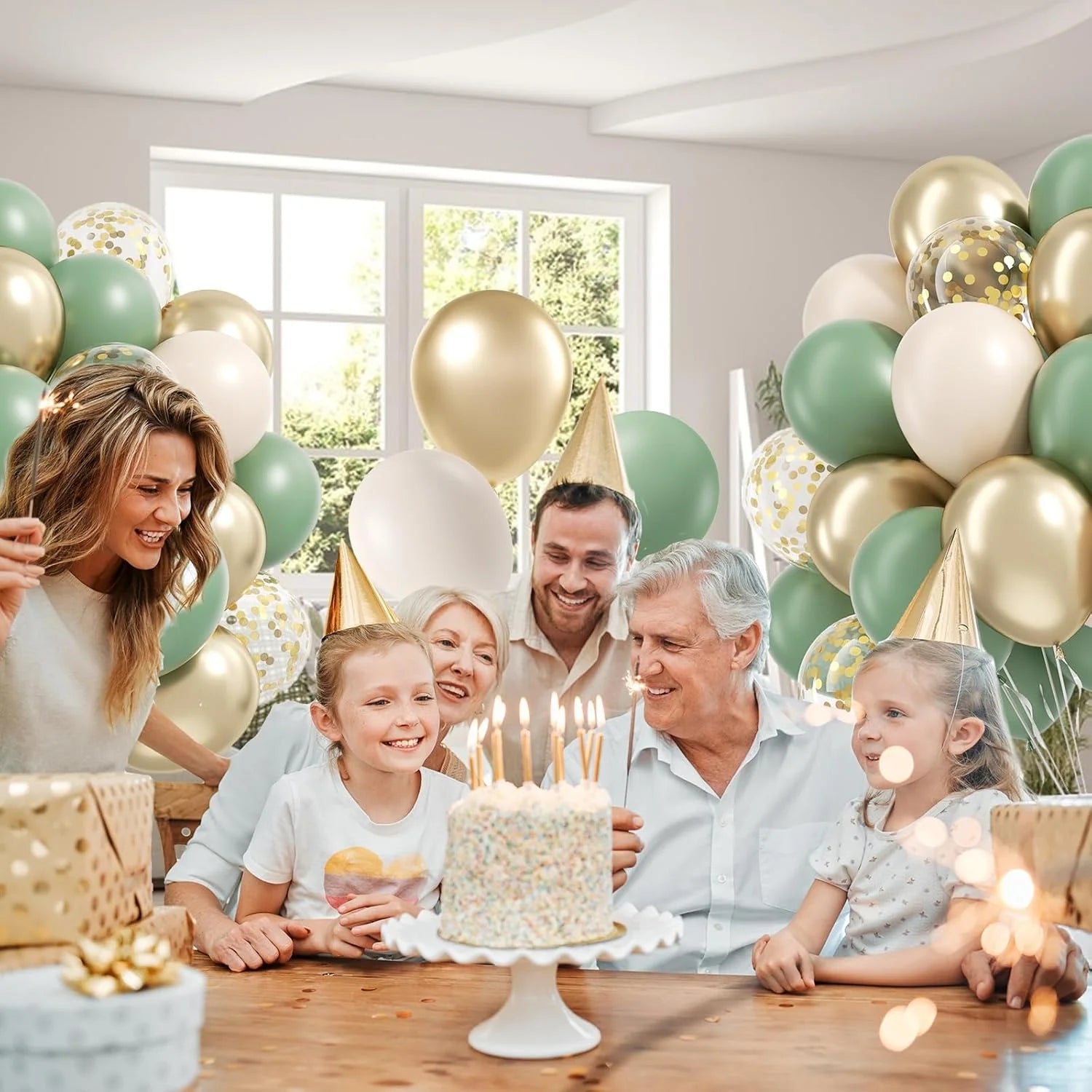 Boho Luftballon-Set 60-teilig – Salbeigrün, Sand, Weiß & Gold | Geburtstag, Hochzeit & mehr