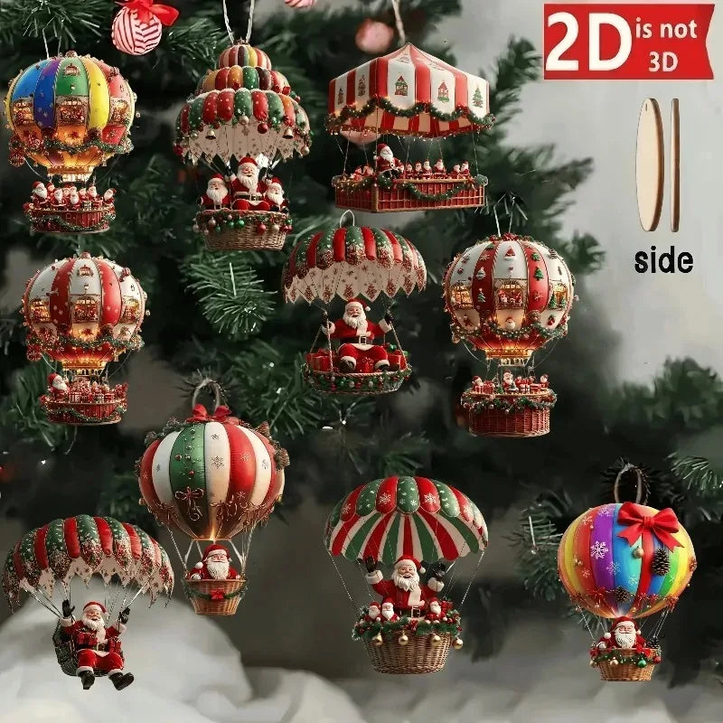 Weihnachts-Holzanhänger Set 10-teilig – Heissluftballon & Weihnachtsmann Baumschmuck