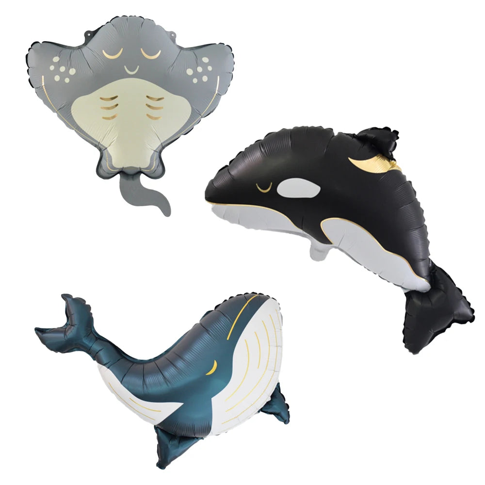 Meerestier-Folienballons 3er-Set – Orca, Blauwal und Teufelsrochen