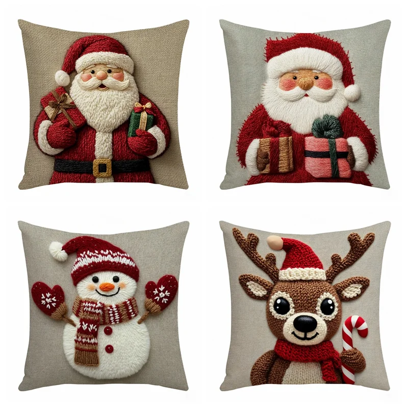 Weihnachts-Kissenbezug 45x45 cm – Weihnachtsmann, Schneemann & Rentier | 4 Motive