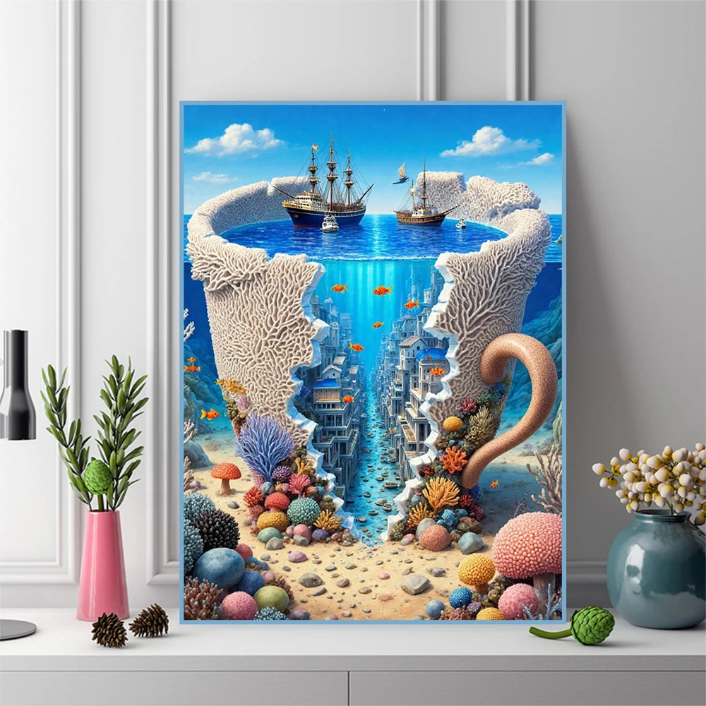 5D Diamond Painting Set – Landschaft & Boot Motiv, Eckige & Runde Steine, DIY Bastelset