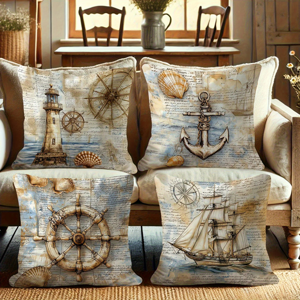 Maritime Kissenbezüge 4er-Set – Nautisches Motiv, Küstendekor