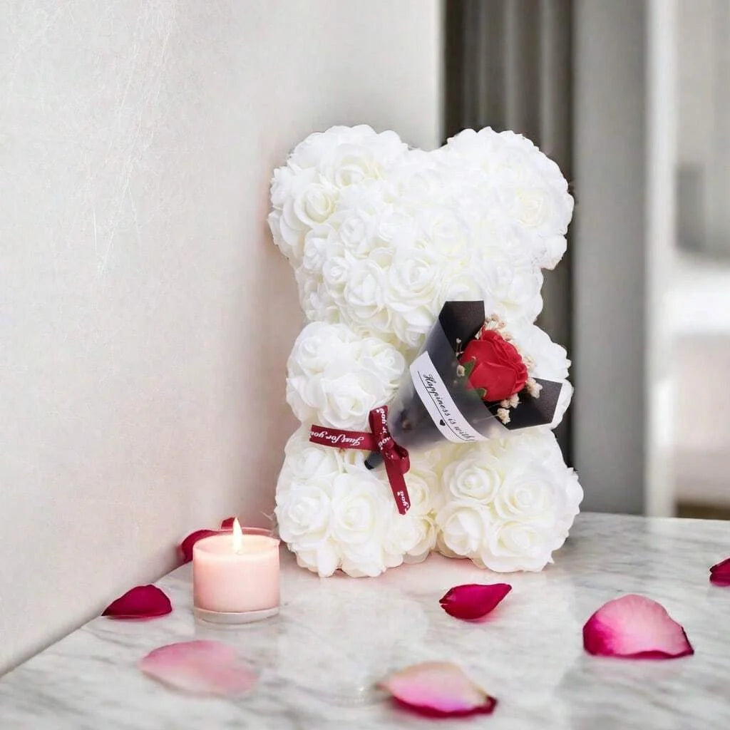 Teddybär Blumenstrauß aus Schaumrosen – Geschenk zur Hochzeit, Muttertag & mehr