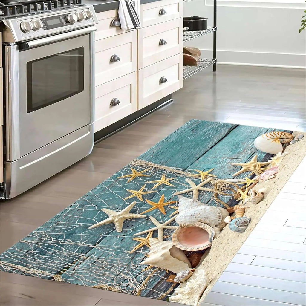 Teppich Meeresmotiv – Badvorleger & Kuchenmatte mit Muscheln und Segelboot, rutschfest