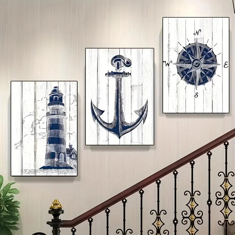 Nautisches Canvas-Poster-Set 3-teilig – Leuchtturm, Anker & Kompass Wanddeko