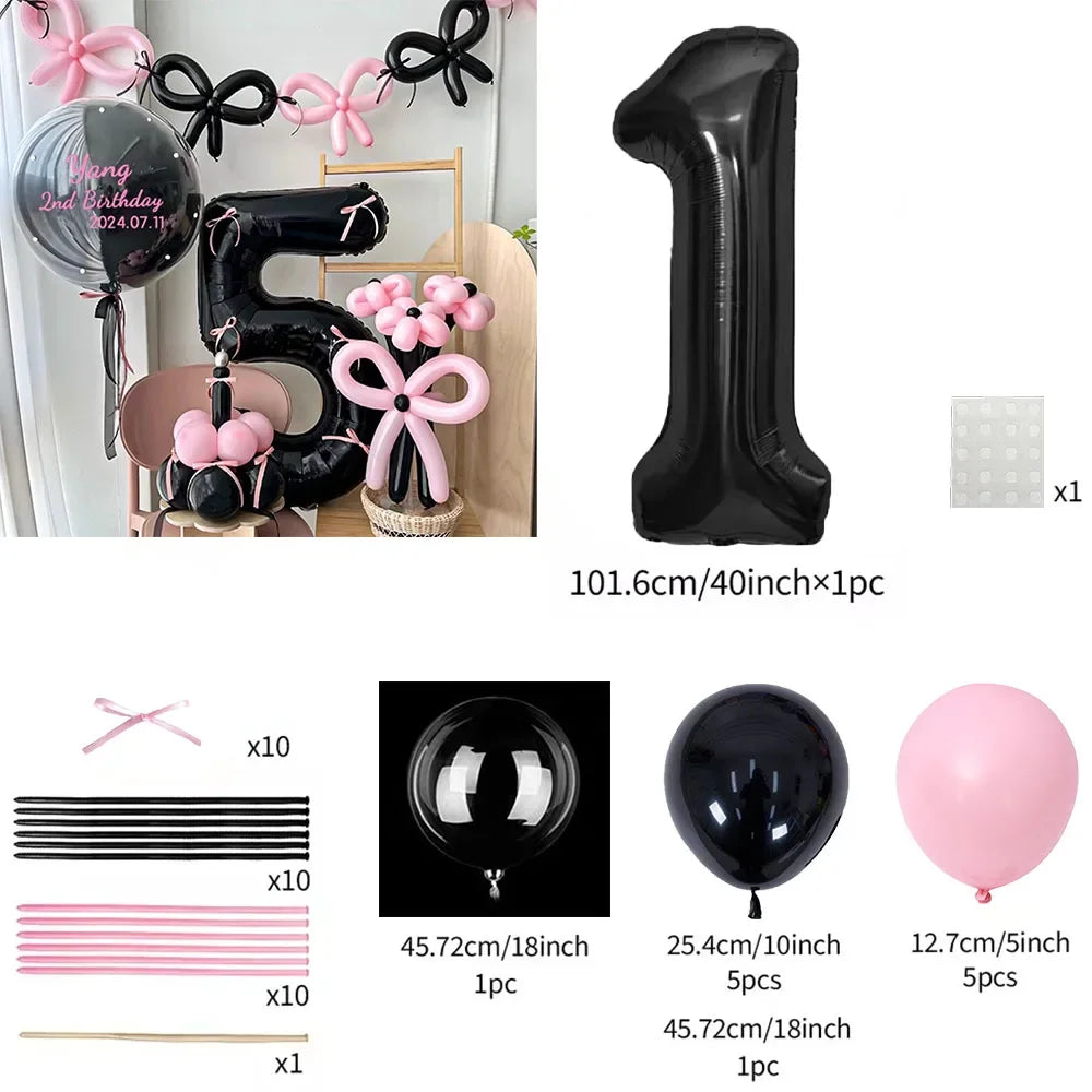 Zahlen-Ballon-Set 45-teilig – Pink & Schwarz | Ziffern 0–9 | Geburtstag & Jubiläum