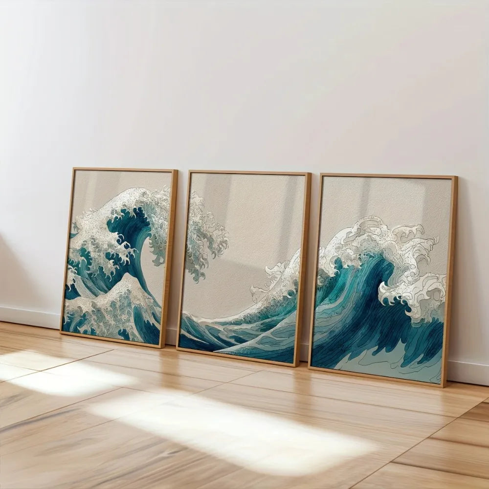 Dreiteiliges Leinwandbild – Japanische Welle, Abstrakte Meereslandschaft, Ohne Rahmen