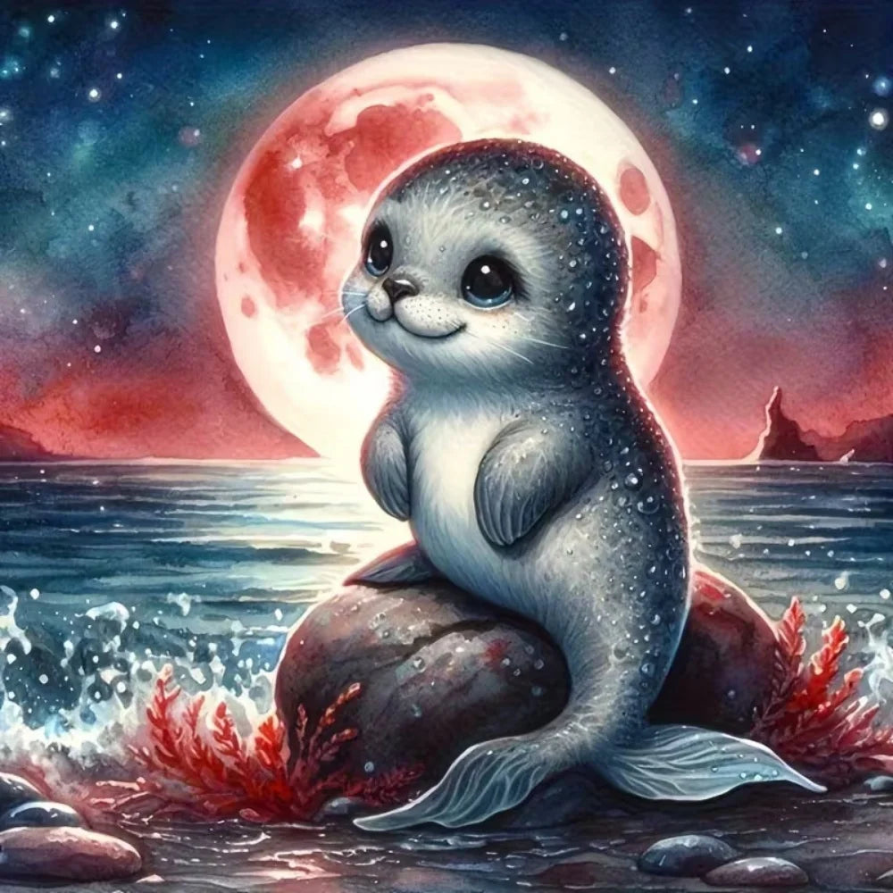 Diamond Painting Robbe – Tier-Motiv mit Mond und Meer, Voll-Bohrbild
