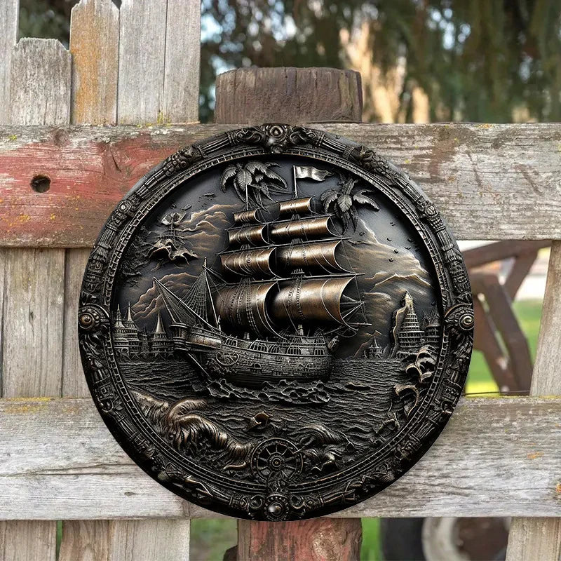 3D Piratenschiff Aluminium-Wandbild rund – 20 oder 30 cm, UV-Druck, wasserdicht