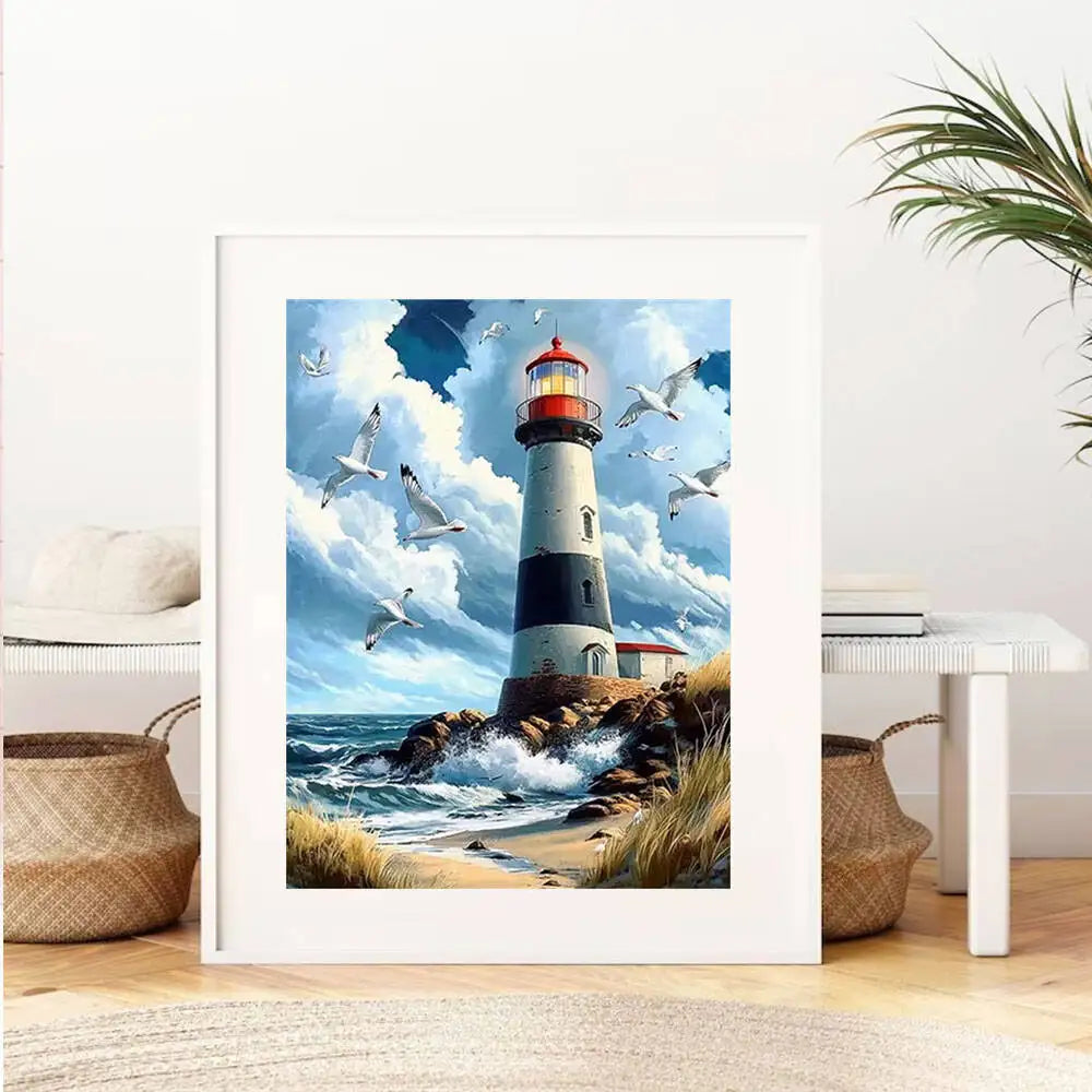 Diamond Painting Leuchtturm mit Moewen – DIY Diamant-Stickerei Set Meereslandschaft