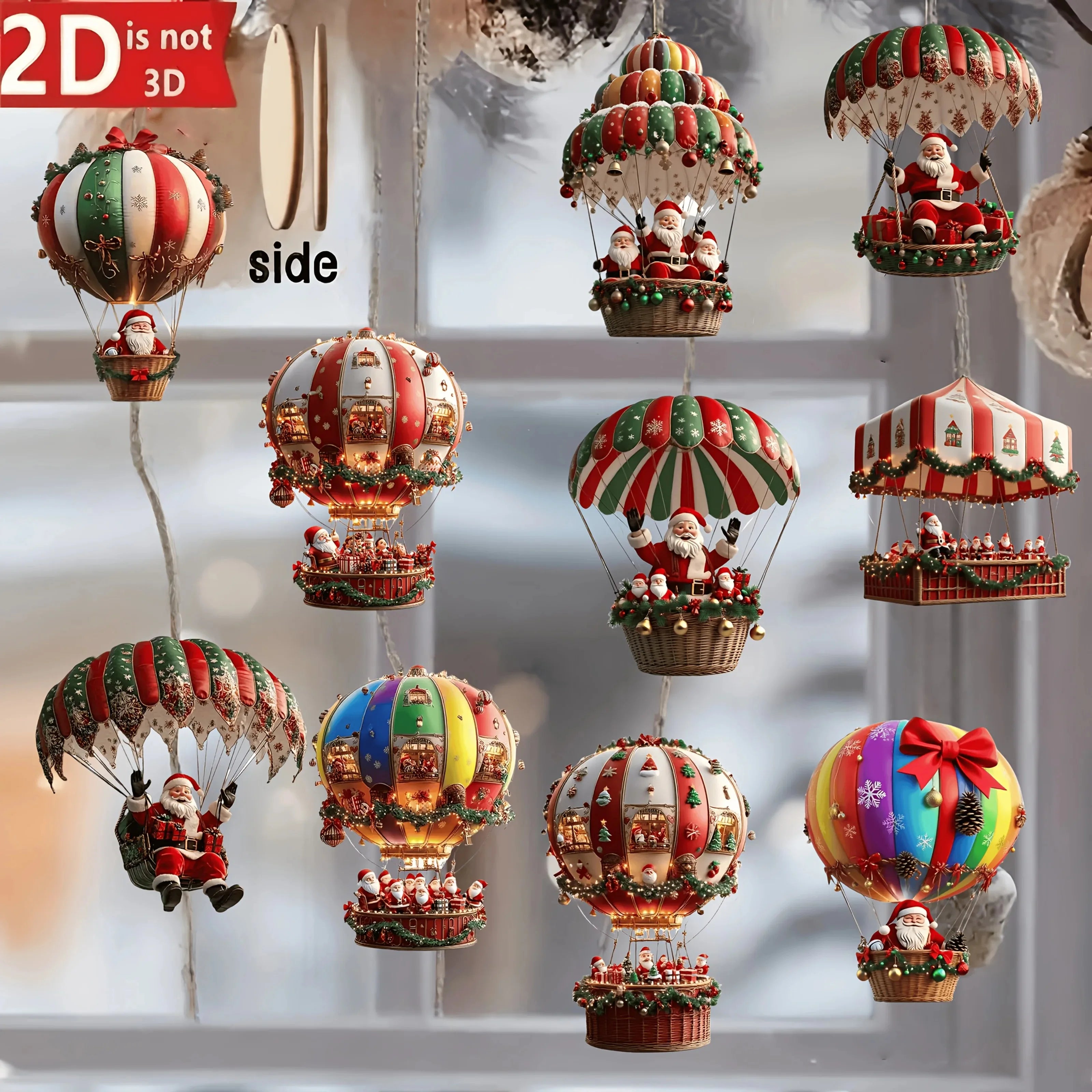 Weihnachts-Holzanhänger Set 10-teilig – Heissluftballon & Weihnachtsmann Baumschmuck