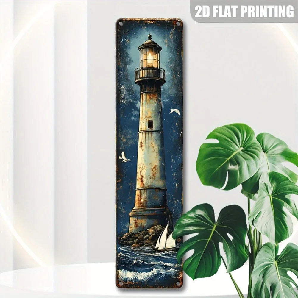 1 Stück 15,75 x 3,94 Zoll 2D flaches Retro-Leuchtturm-Logo aus Eisen – Rustikale Wanddekoration „Sternennacht“, strapazierfähige Außendekoration für Ihr Zuhause