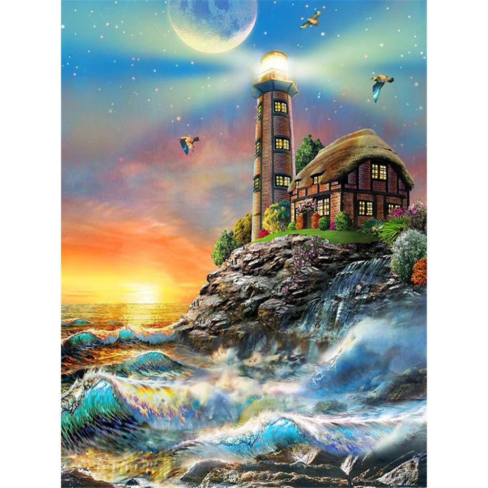 Maritimes Kreuzstich-Set Leuchtturm – Stickbild Küste & Meer mit Stoff, Faden und Nadel