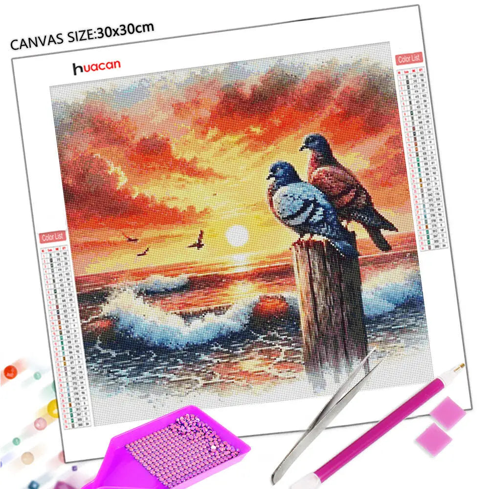 Diamond Painting Set Natur & Tiere – 5D DIY Diamantmalerei Vogel, Meer & Sonnenuntergang