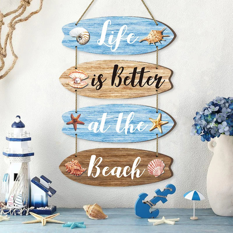Maritime Holz-Wanddeko – Surfboard & Segelboot Anhänger im Meeresstil