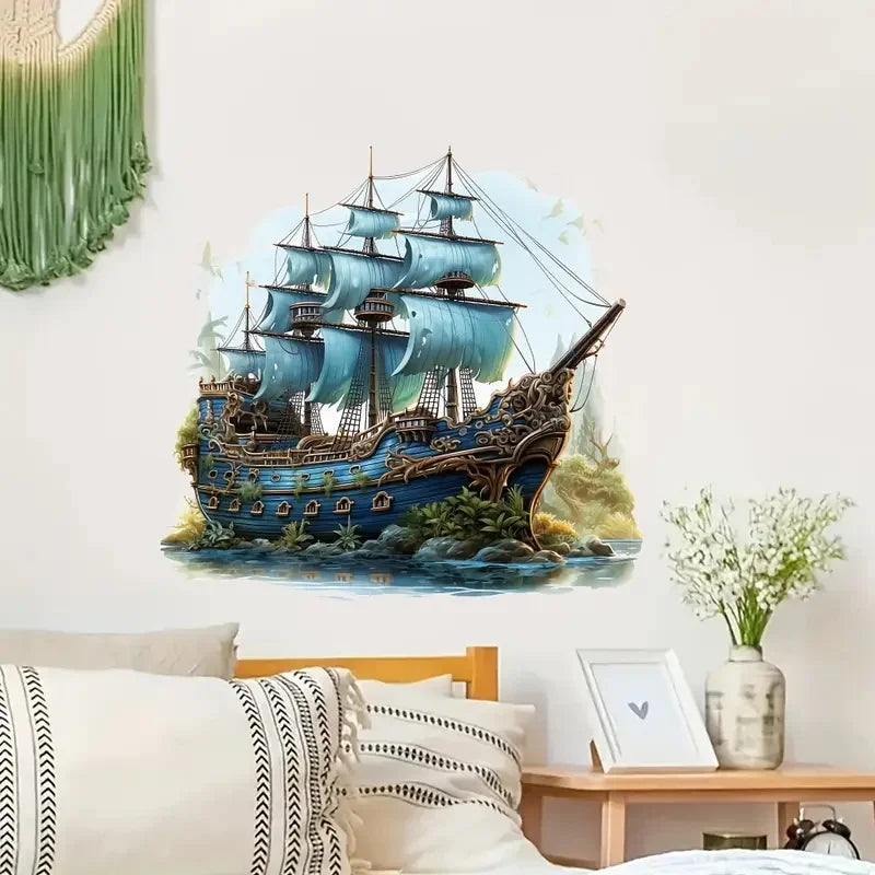 Maritimes Wandtattoo Blaues Segelboot – Vinyl, selbstklebend, 5 Größen