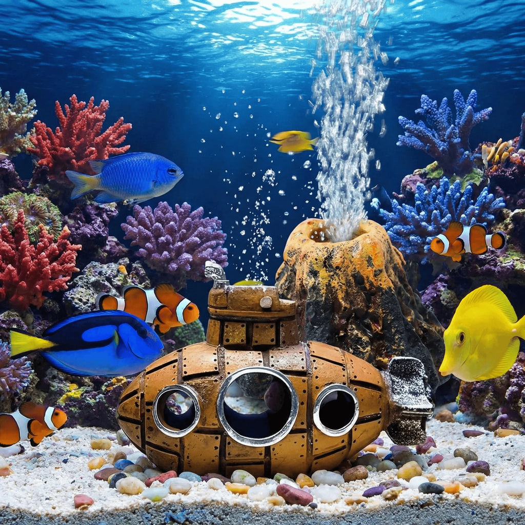 Aquarium Deko – Kunstharz U-Boot & Vulkan mit Luftblasen-Effekt