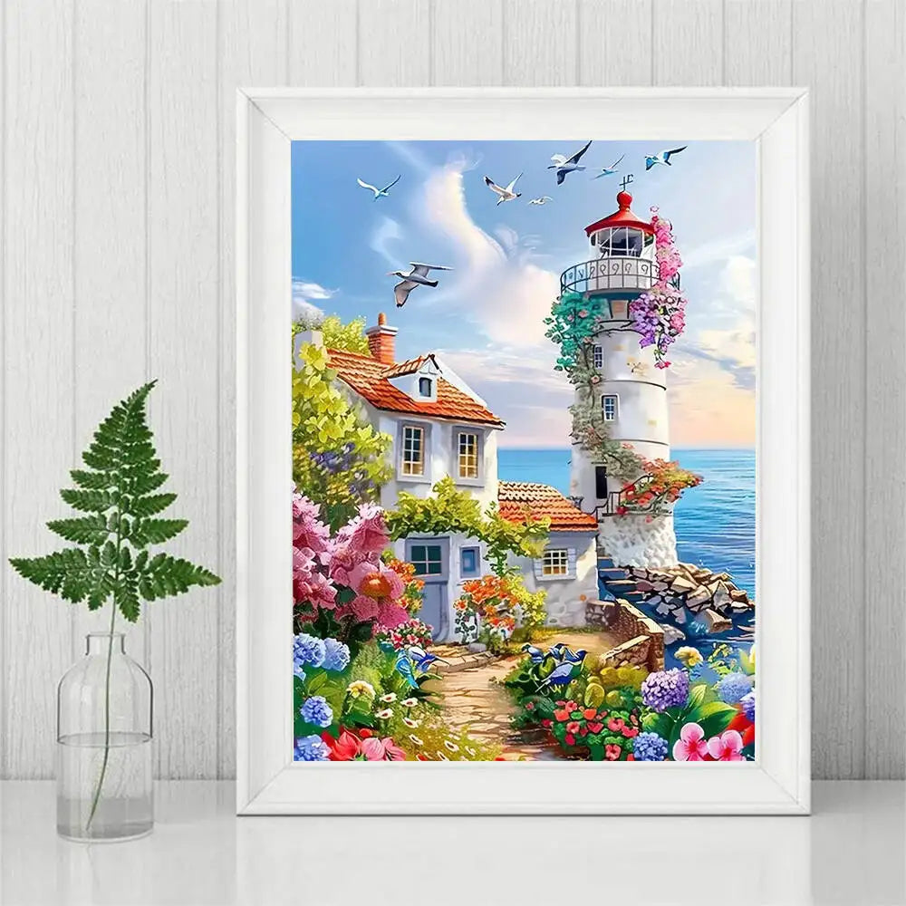 Diamond Painting Leuchtturm – Küstenlandschaft mit Mosaik-Stickerei