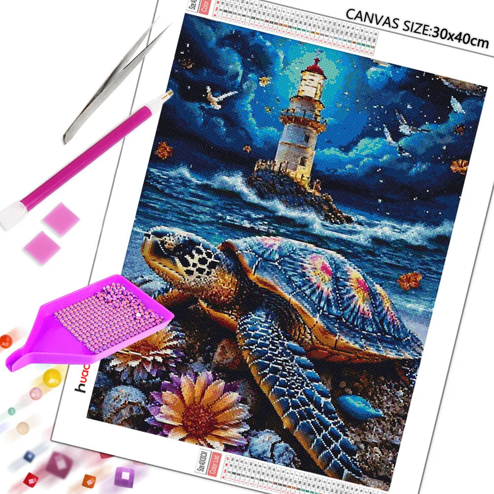 Diamond Painting Schildkröte und Leuchtturm – 5D Diamant Mosaikbild mit Rund- und Viereckbohrer