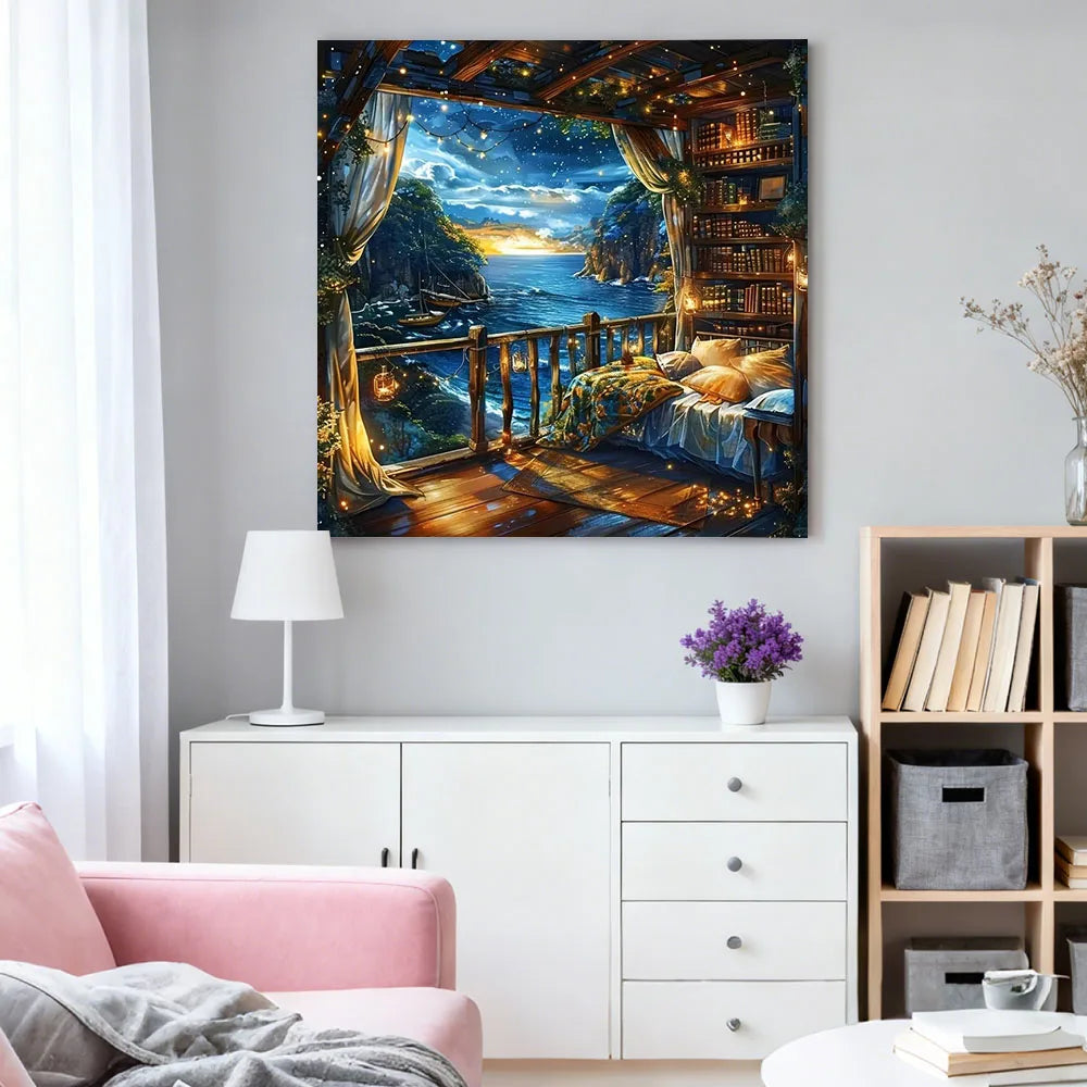 Diamond Painting Kit Meereslandschaft & Sternenhimmel – DIY Diamant Mosaic Kunst | Eckige & Runde Steine