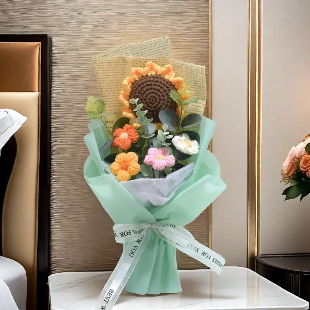 Häkel-Blumenstrauß – Handgefertigter Kunstblumen-Strauß aus Sonnenblumen & Gänseblümchen