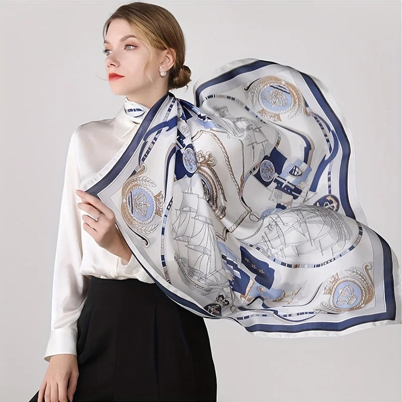 Nautischer Damen-Schal mit Meeresdruck – 90x90 cm Tuch aus Polyester-Satin
