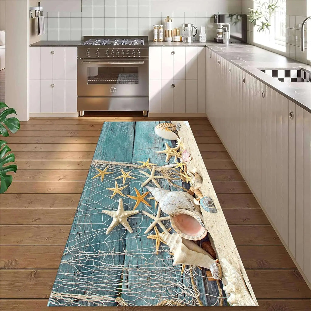 Teppich Meeresmotiv – Badvorleger & Kuchenmatte mit Muscheln und Segelboot, rutschfest