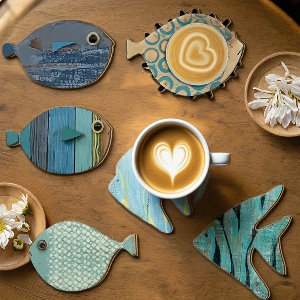 Holzuntersetzer Fisch 6er Set – Maritimer Strandstil, rutschfest & hitzebeständig