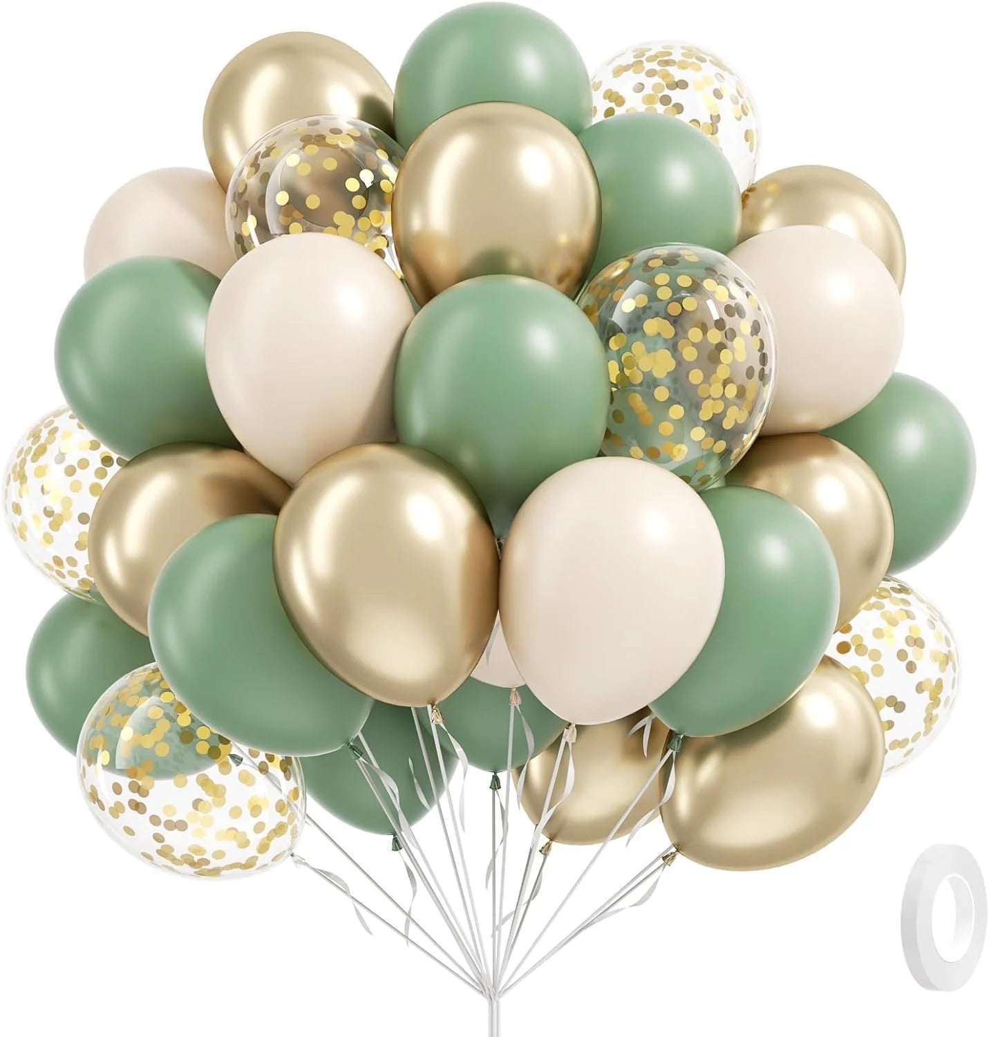 Boho Luftballon-Set 60-teilig – Salbeigrün, Sand, Weiß & Gold | Geburtstag, Hochzeit & mehr