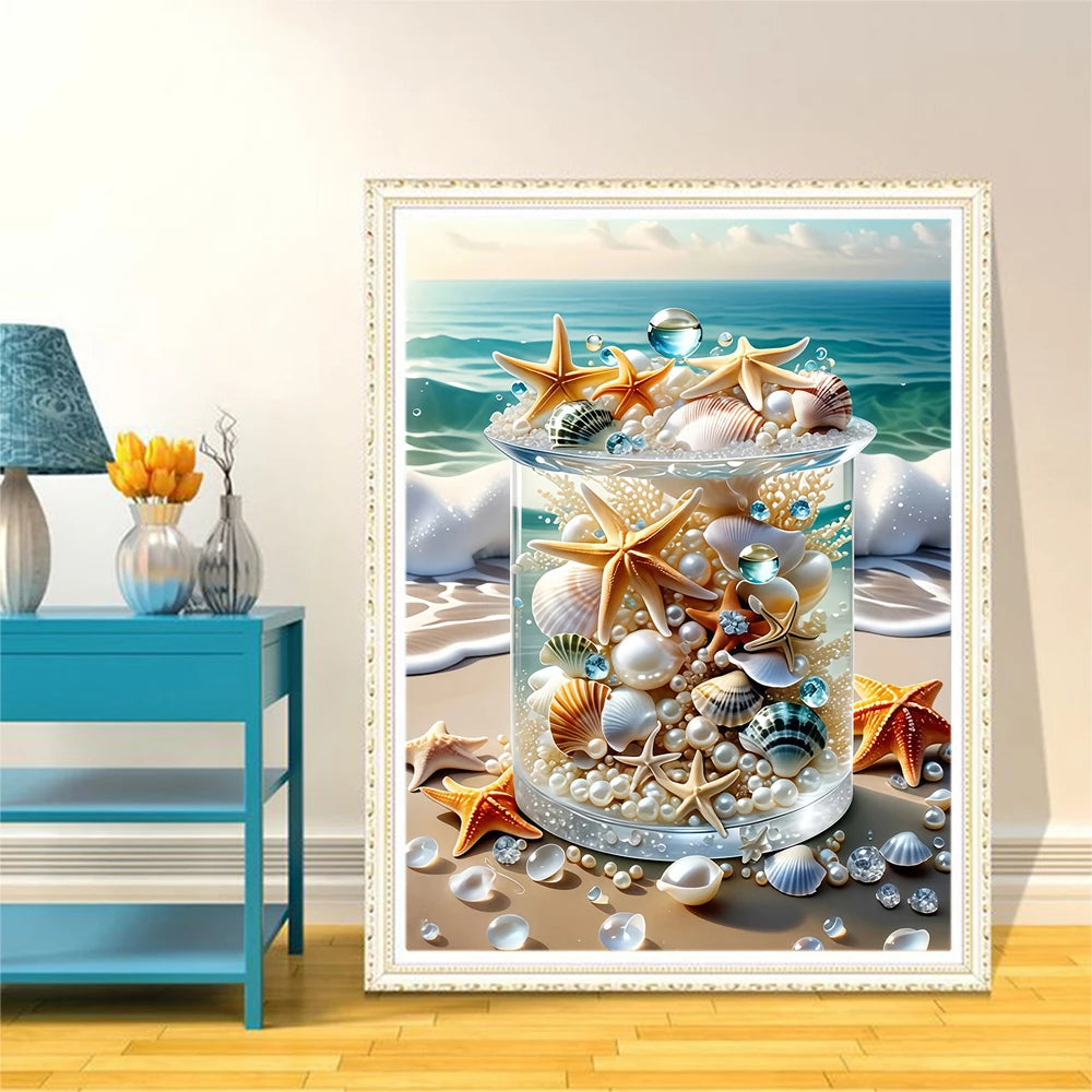 Diamond Painting Kit – Strand & Seestern | 5D DIY Diamant-Malerei mit runden oder eckigen Steinen