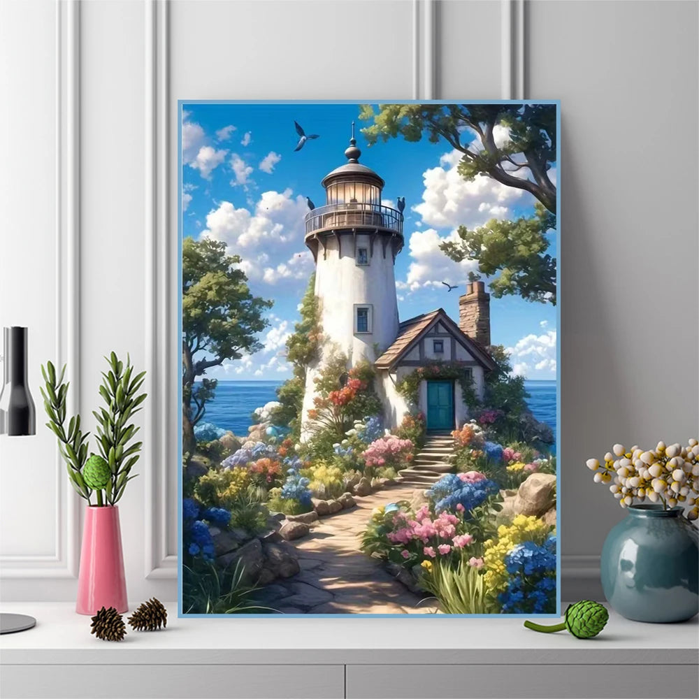 Diamond Painting Leuchtturm-Landschaft – DIY Bastelset, Malen nach Zahlen mit Diamanten