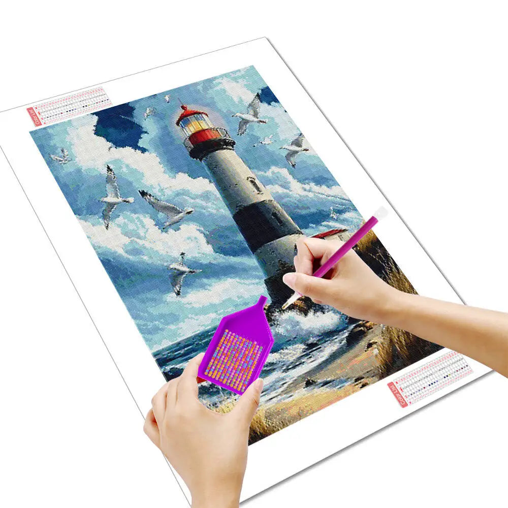 Diamond Painting Leuchtturm mit Moewen – DIY Diamant-Stickerei Set Meereslandschaft