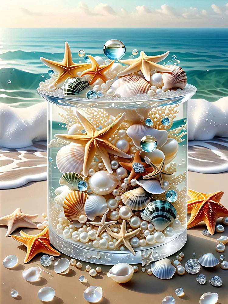 Diamond Painting Kit – Strand & Seestern | 5D DIY Diamant-Malerei mit runden oder eckigen Steinen