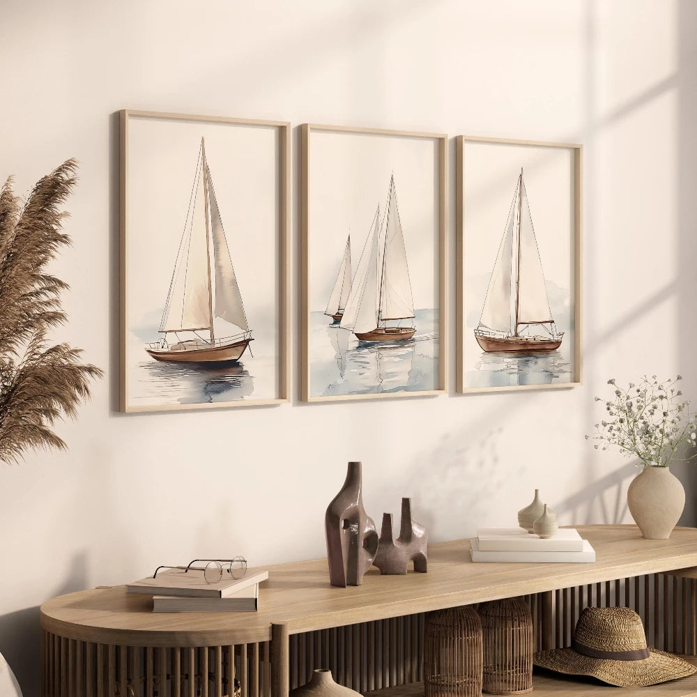 Aquarell Segelboot Poster Set – 3-teiliges Leinwand-Wandbild maritim