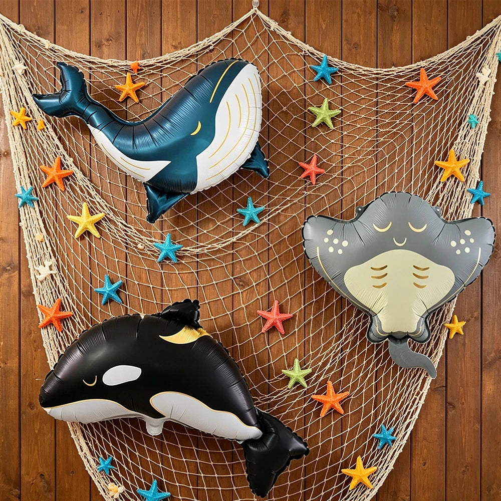 Meerestier-Folienballons 3er-Set – Orca, Blauwal und Teufelsrochen