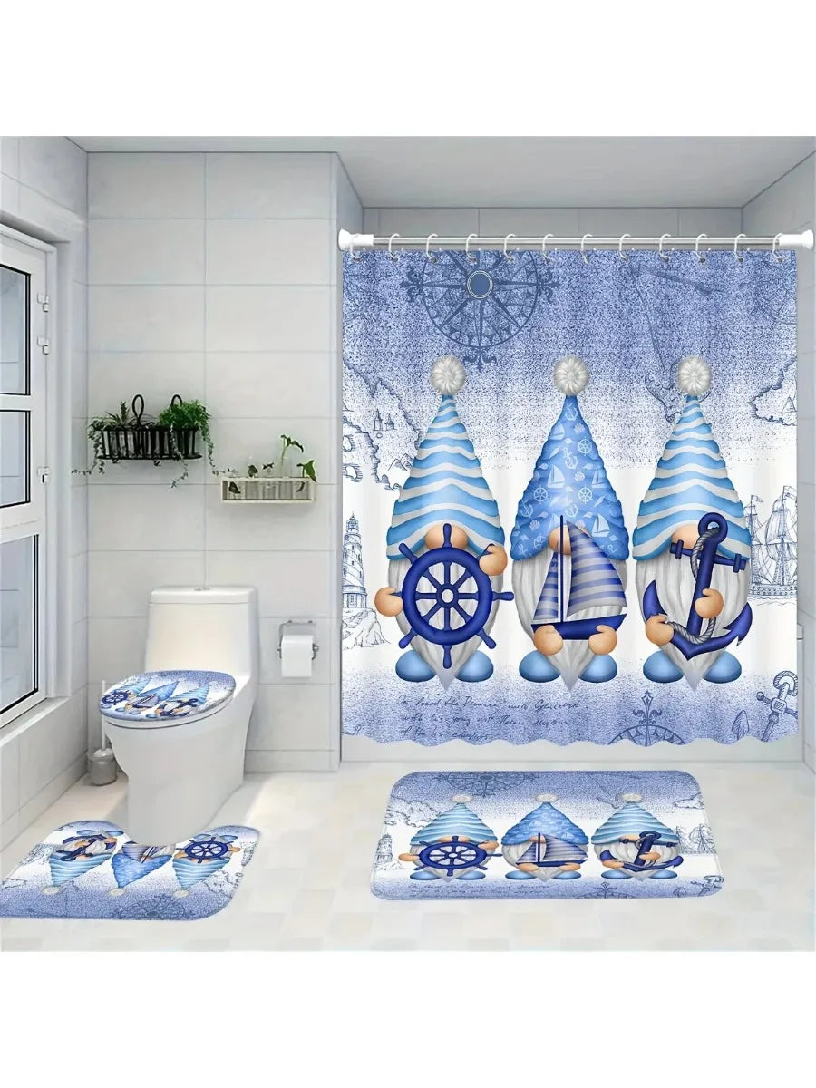 Maritimes Badezimmer-Set 4-teilig – Duschvorhang, Badematte, WC-Deckelbezug und Vorleger