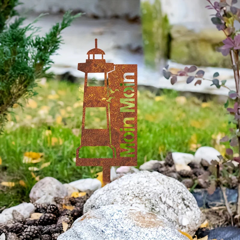 Gartenstecker Leuchtturm „Moin Moin“ – Maritimer Metall-Stecker für Garten & Terrasse