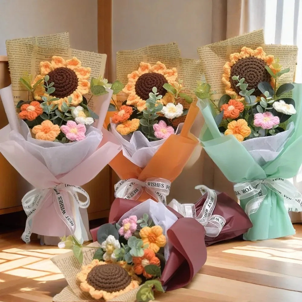Häkel-Blumenstrauß – Handgefertigter Kunstblumen-Strauß aus Sonnenblumen & Gänseblümchen
