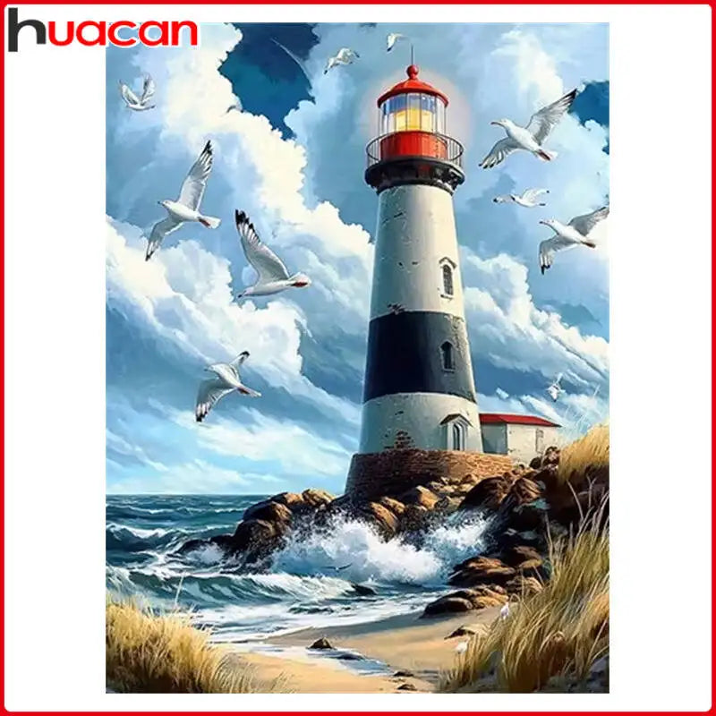Diamond Painting Leuchtturm mit Moewen – DIY Diamant-Stickerei Set Meereslandschaft